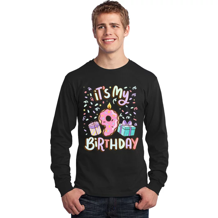 Kids Its My 9th Birthday Cake Donut 9 Year Old Confetti Long Sleeve Shirt