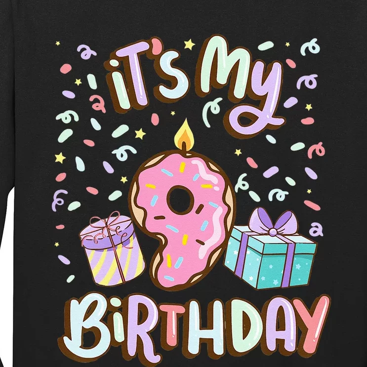 Kids Its My 9th Birthday Cake Donut 9 Year Old Confetti Long Sleeve Shirt