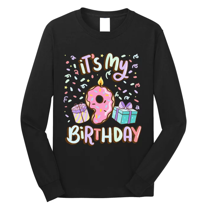 Kids Its My 9th Birthday Cake Donut 9 Year Old Confetti Long Sleeve Shirt