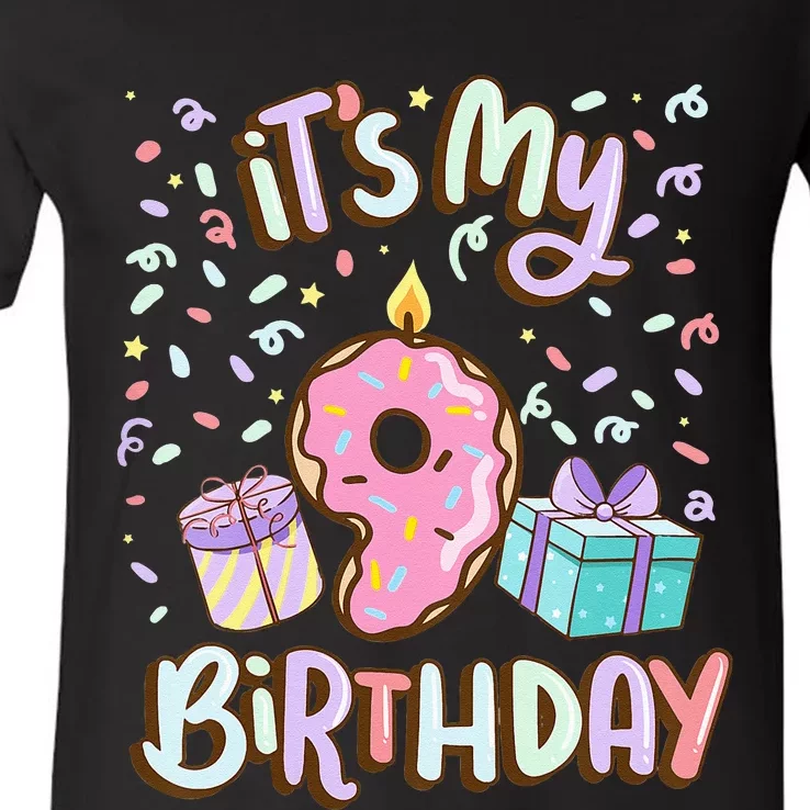 Kids Its My 9th Birthday Cake Donut 9 Year Old Confetti V-Neck T-Shirt