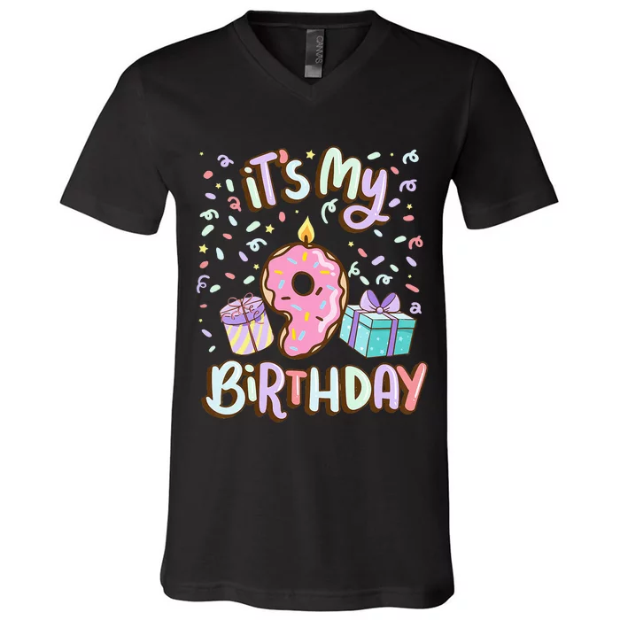 Kids Its My 9th Birthday Cake Donut 9 Year Old Confetti V-Neck T-Shirt