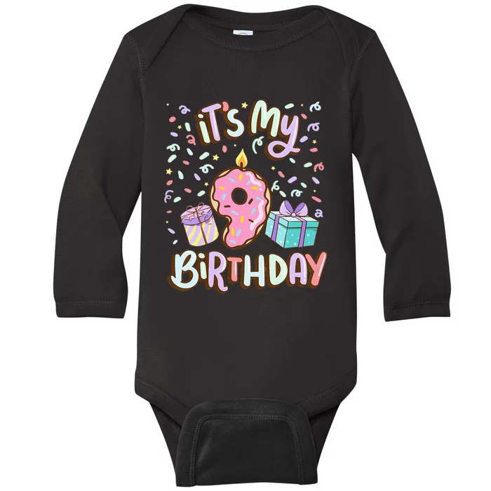 Kids Its My 9th Birthday Cake Donut 9 Year Old Confetti Baby Long Sleeve Bodysuit