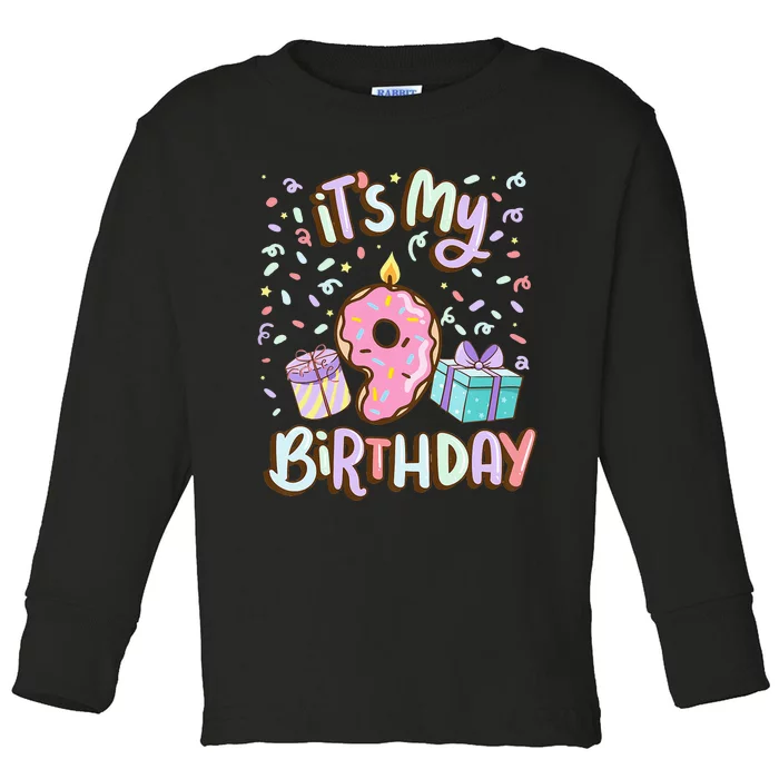 Kids Its My 9th Birthday Cake Donut 9 Year Old Confetti Toddler Long Sleeve Shirt