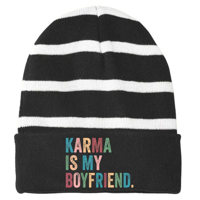 Karma Is My  Friend  Karma Is Cat Funny Sarcastic Music Striped Beanie with Solid Band