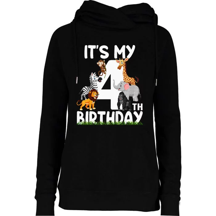 Kids Its My 4th Birthday Zoo Jungle Safari 4 Years Old Animals Womens Funnel Neck Pullover Hood