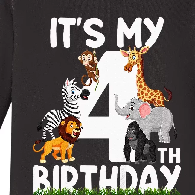 Kids Its My 4th Birthday Zoo Jungle Safari 4 Years Old Animals Baby Long Sleeve Bodysuit