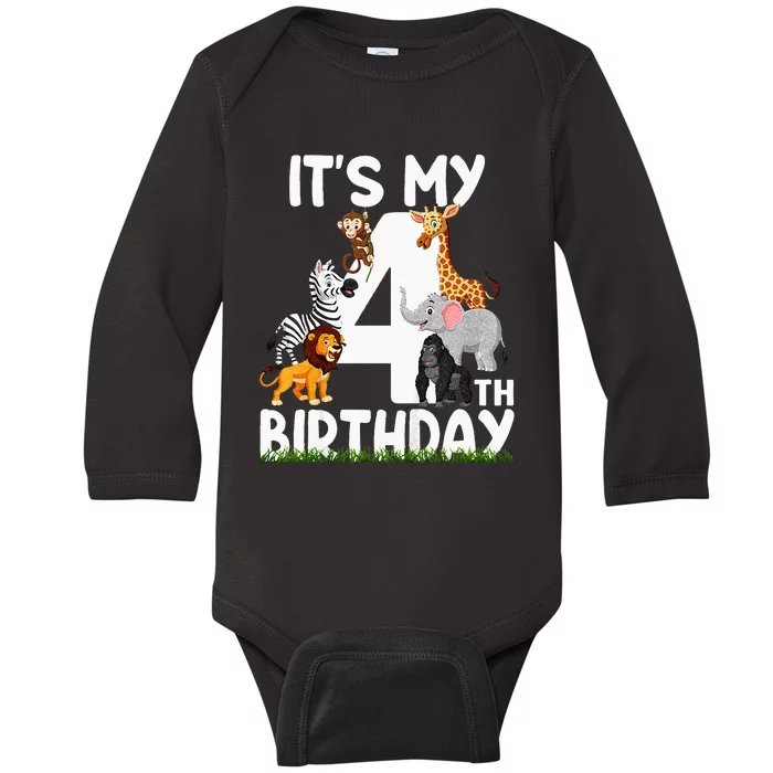 Kids Its My 4th Birthday Zoo Jungle Safari 4 Years Old Animals Baby Long Sleeve Bodysuit