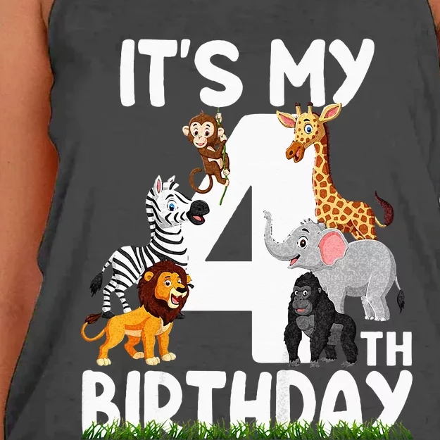 Kids Its My 4th Birthday Zoo Jungle Safari 4 Years Old Animals Women's Knotted Racerback Tank