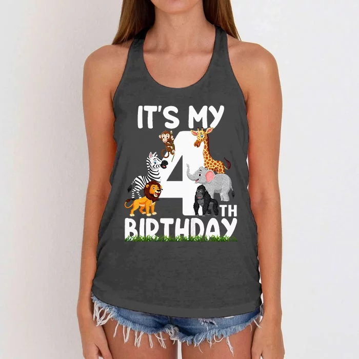 Kids Its My 4th Birthday Zoo Jungle Safari 4 Years Old Animals Women's Knotted Racerback Tank