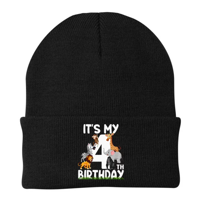 Kids Its My 4th Birthday Zoo Jungle Safari 4 Years Old Animals Knit Cap Winter Beanie