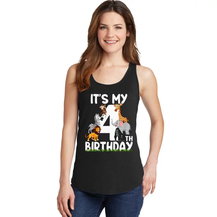 Kids Its My 4th Birthday Zoo Jungle Safari 4 Years Old Animals Ladies Essential Tank