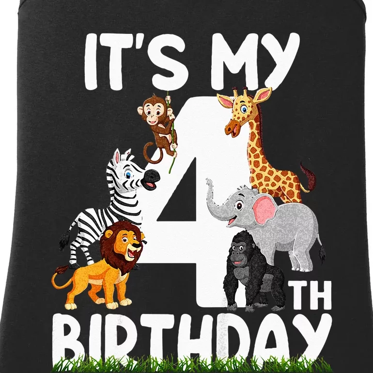 Kids Its My 4th Birthday Zoo Jungle Safari 4 Years Old Animals Ladies Essential Tank