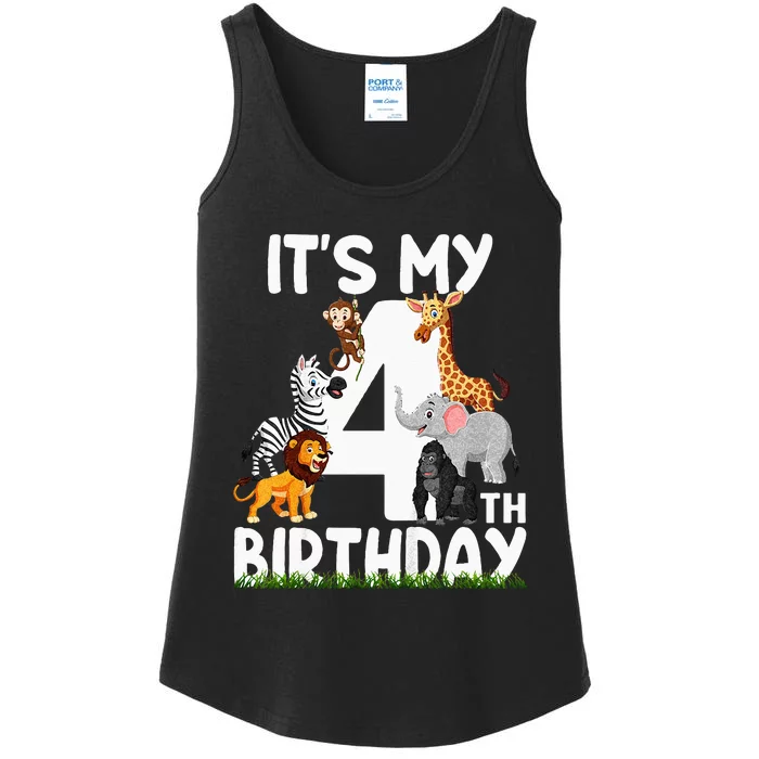 Kids Its My 4th Birthday Zoo Jungle Safari 4 Years Old Animals Ladies Essential Tank