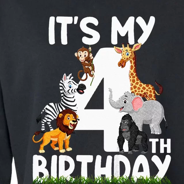 Kids Its My 4th Birthday Zoo Jungle Safari 4 Years Old Animals Cropped Pullover Crew