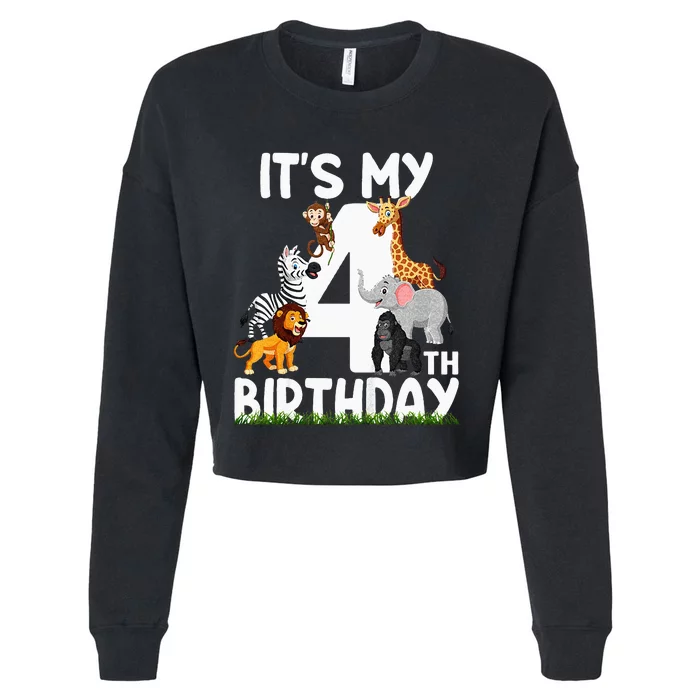 Kids Its My 4th Birthday Zoo Jungle Safari 4 Years Old Animals Cropped Pullover Crew