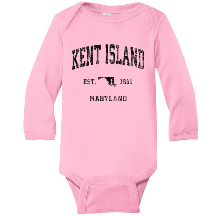 Kent Island Maryland Md Vintage Athletic Black Sports Design Baby Long Sleeve Bodysuit