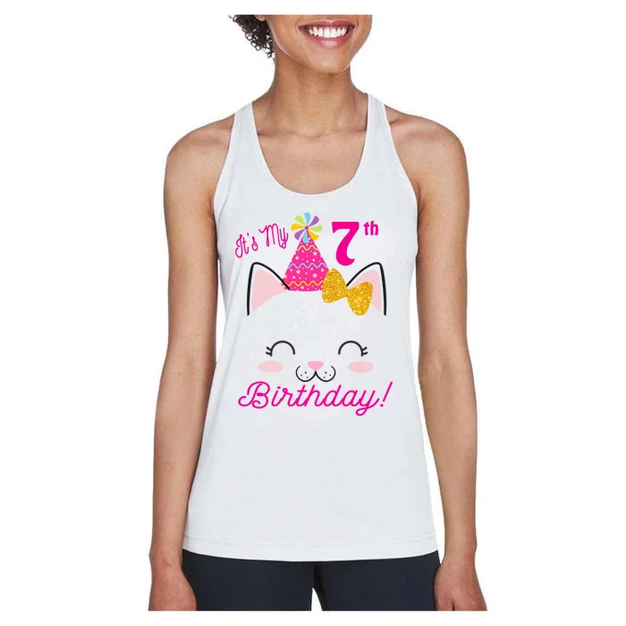 Kids Its My 7th Birthday Shirt Girl Kitty Cat Theme Party Outfit Women's Racerback Tank