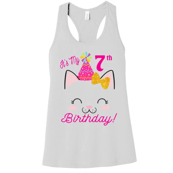 Kids Its My 7th Birthday Shirt Girl Kitty Cat Theme Party Outfit Women's Racerback Tank