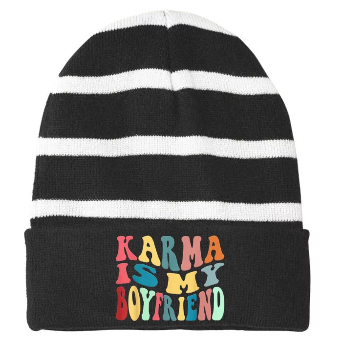 Karma Is My Boyfriend Karma Is Cat Funny Sarcastic Music Striped Beanie with Solid Band