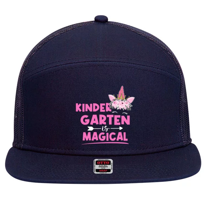 Kindergarten Is Magical Unicorn Kinder Teacher Student Cute Gift 7 Panel Mesh Trucker Snapback Hat