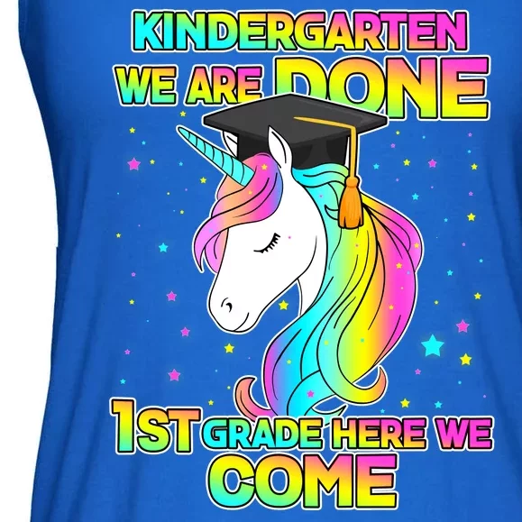 Kindergarten We Are Done 1st Grade Here We Come Ladies Essential Flowy Tank