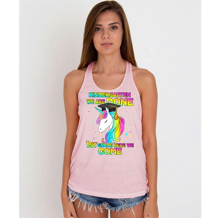 Kindergarten We Are Done 1st Grade Here We Come Women's Knotted Racerback Tank