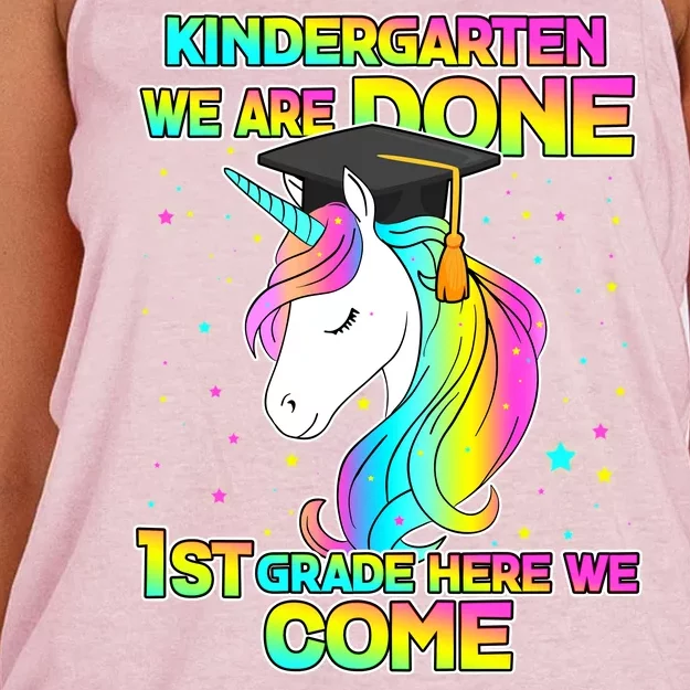 Kindergarten We Are Done 1st Grade Here We Come Women's Knotted Racerback Tank