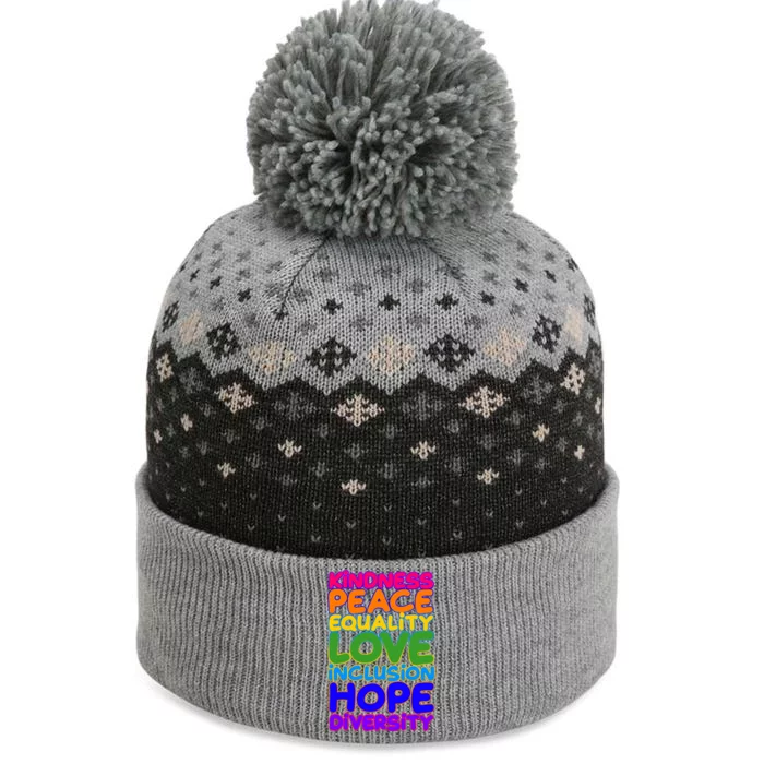 Kindness Peace Equality Love Inclusion Hope Diversity Rainbow The Baniff Cuffed Pom Beanie