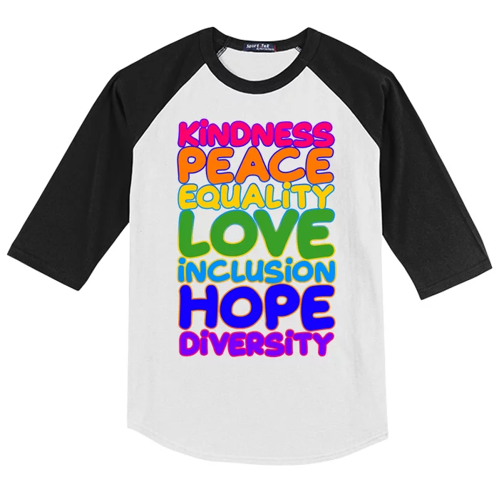 Kindness Peace Equality Love Inclusion Hope Diversity Rainbow Kids Colorblock Raglan Jersey