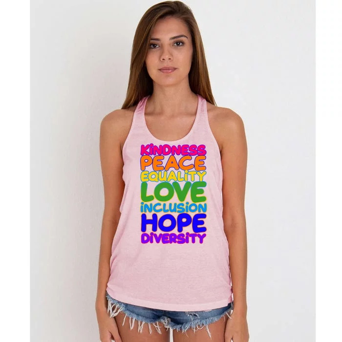 Kindness Peace Equality Love Inclusion Hope Diversity Rainbow Women's Knotted Racerback Tank