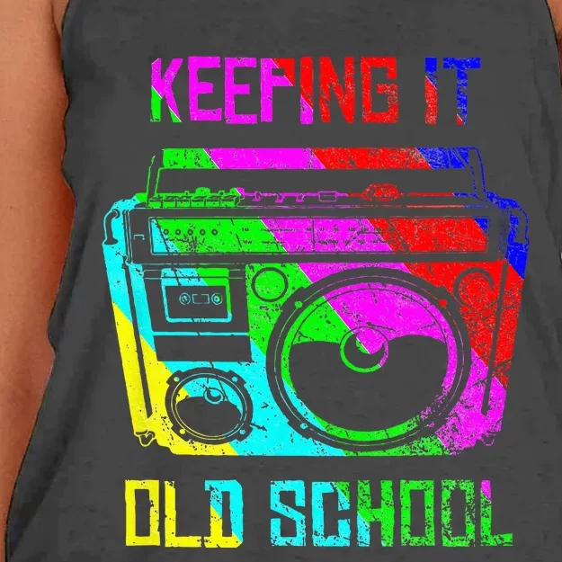 Keeping It Old School 80s 90s Portable Stereo Retro Music Women's Knotted Racerback Tank