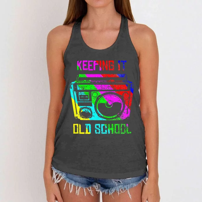 Keeping It Old School 80s 90s Portable Stereo Retro Music Women's Knotted Racerback Tank