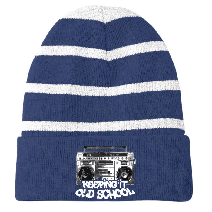 Keeping It Old School Vintage Boombox Graffiti Striped Beanie with Solid Band