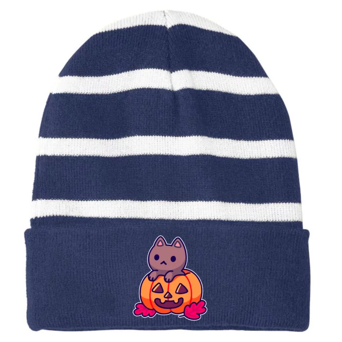 Kitten In pumpkin Cute Halloween Striped Beanie with Solid Band