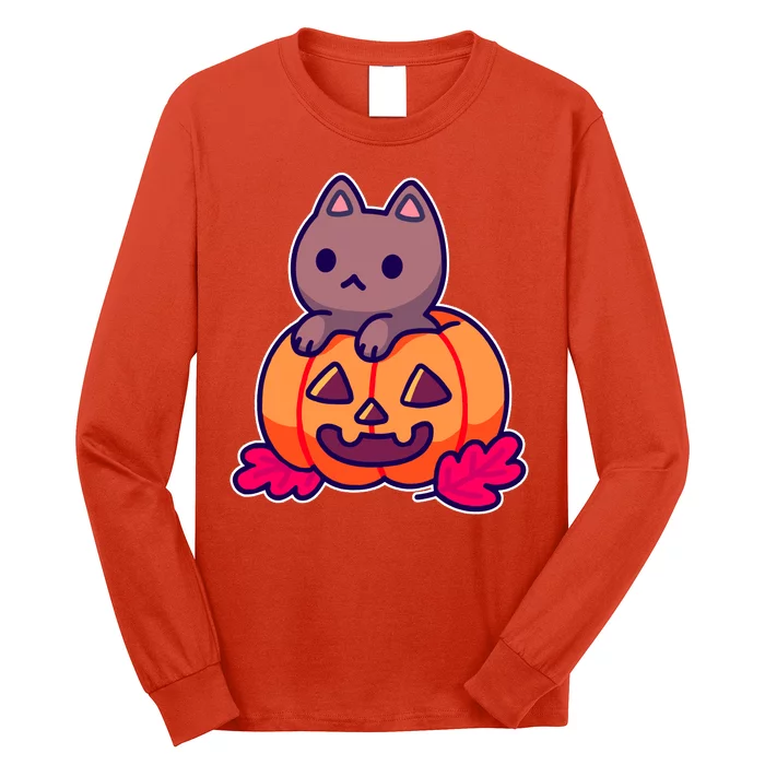 Kitten In pumpkin Cute Halloween Long Sleeve Shirt