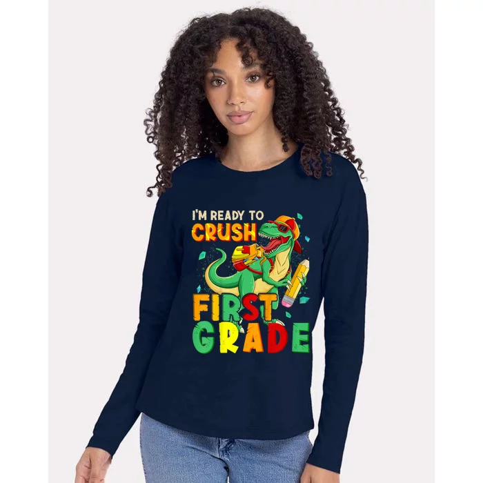 Kids Im Ready To Crush First Grade Back To School Dinosaur Womens Cotton Relaxed Long Sleeve T-Shirt