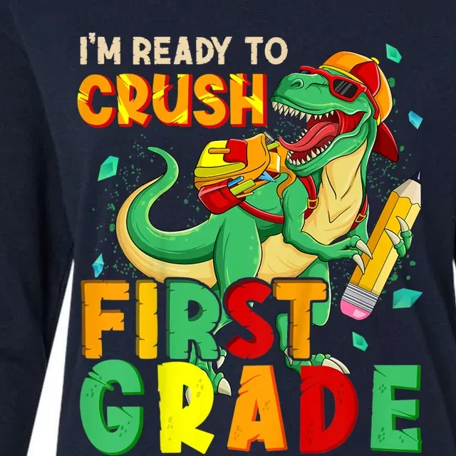 Kids Im Ready To Crush First Grade Back To School Dinosaur Womens Cotton Relaxed Long Sleeve T-Shirt