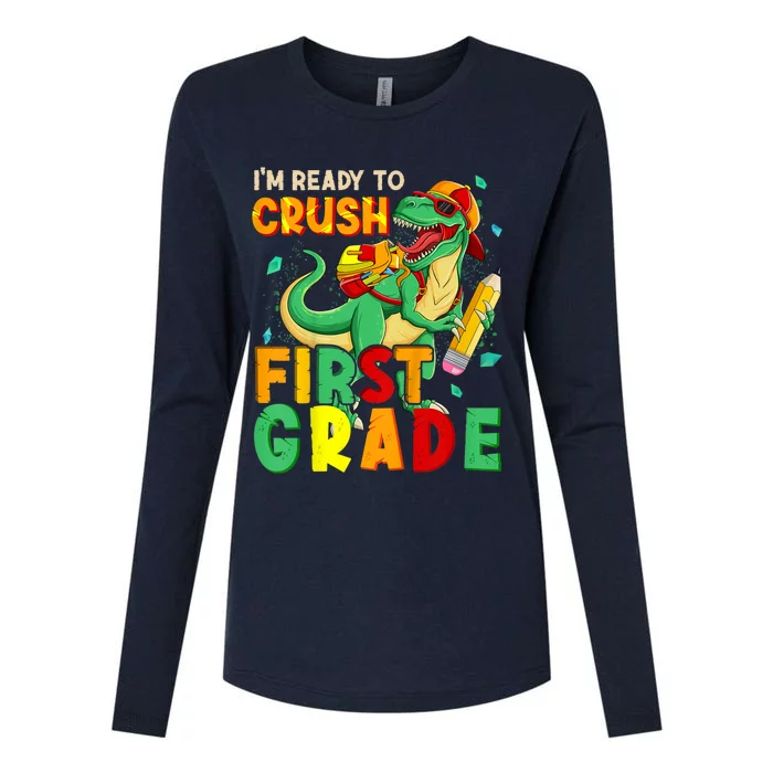 Kids Im Ready To Crush First Grade Back To School Dinosaur Womens Cotton Relaxed Long Sleeve T-Shirt