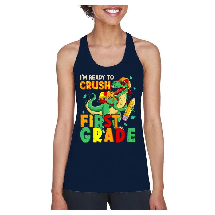 Kids Im Ready To Crush First Grade Back To School Dinosaur Women's Racerback Tank