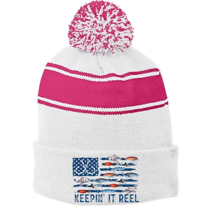 Keepin It Reel Fishing Lure Flag Fisherman Bass Fishing Stripe Pom Pom Beanie