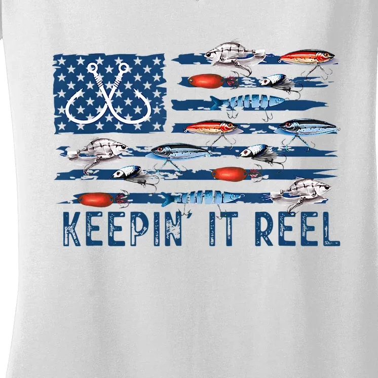 Keepin It Reel Fishing Lure Flag Fisherman Bass Fishing Women's V-Neck T-Shirt