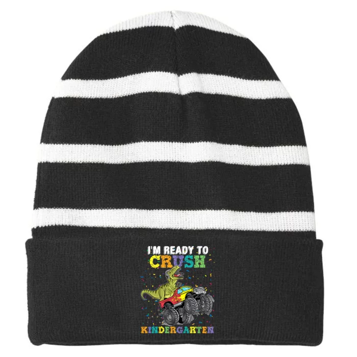 Kids Im Ready To Crush Kindergarten Monster Truck Dinosaur Boy Striped Beanie with Solid Band