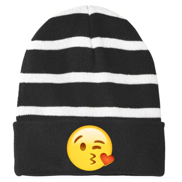 Kiss Face Emoticon Emoji Kissing Heart Striped Beanie with Solid Band