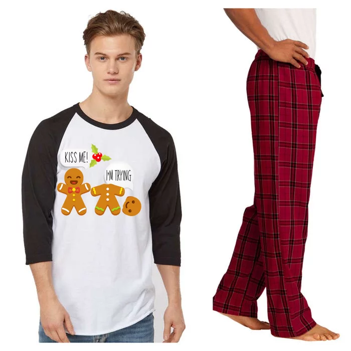 Kiss Me I'm Trying Funny Gingerbread Raglan Sleeve Pajama Set