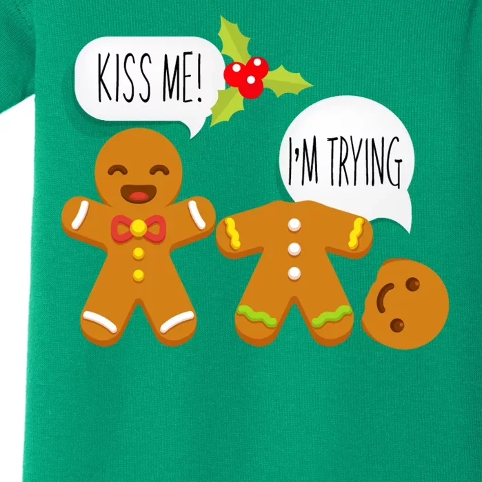 Kiss Me I'm Trying Funny Gingerbread Baby Bodysuit