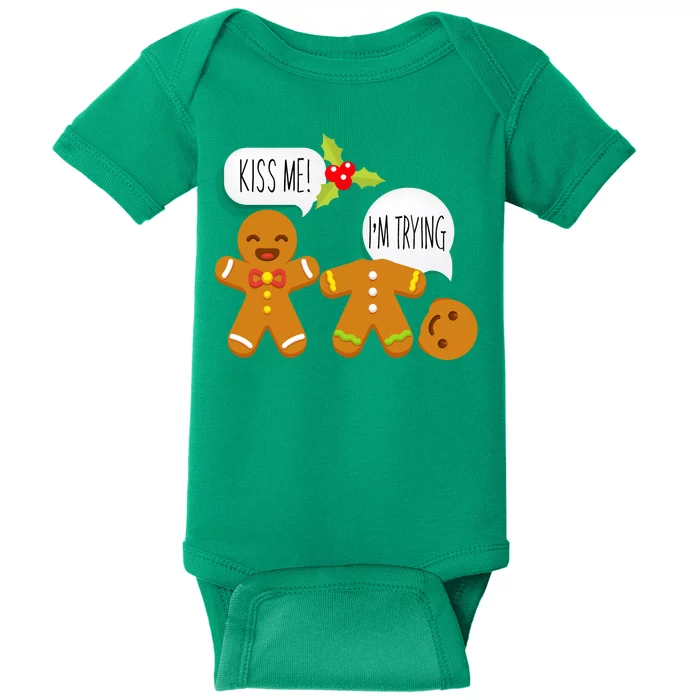 Kiss Me I'm Trying Funny Gingerbread Baby Bodysuit