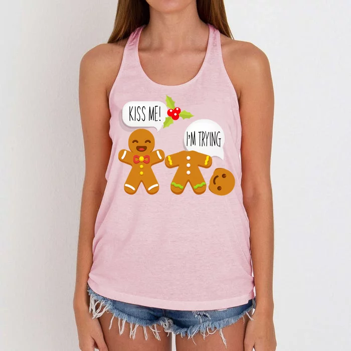 Kiss Me I'm Trying Funny Gingerbread Women's Knotted Racerback Tank