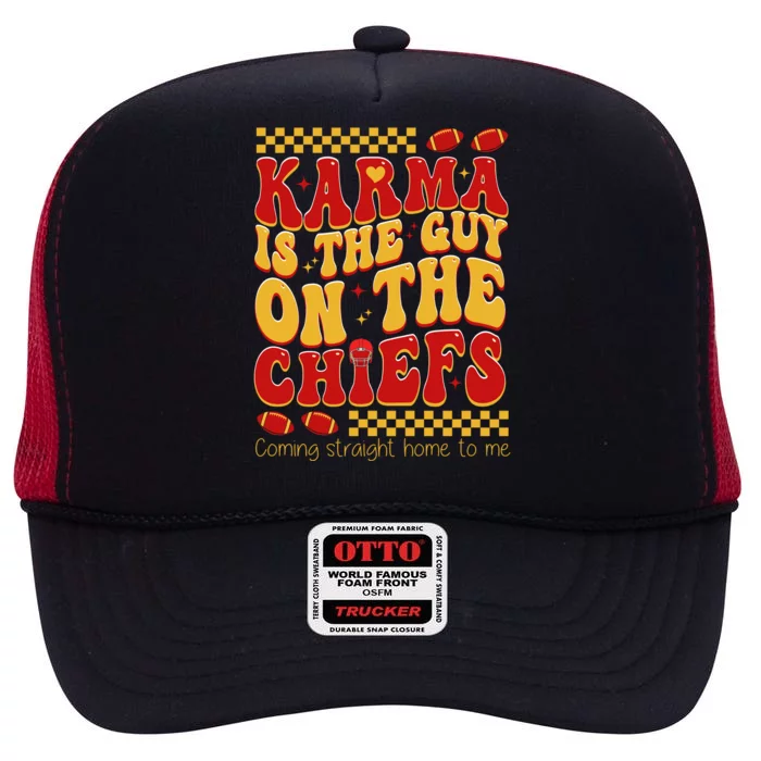 Karma Is The Guy Coming Straight Home To Me Retro Groovy Football High Crown Mesh Trucker Hat