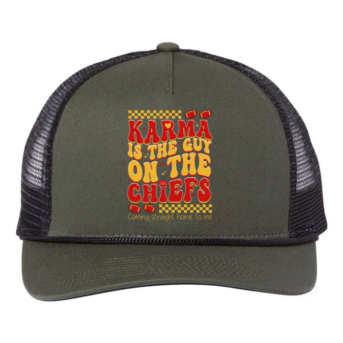 Karma Is The Guy Coming Straight Home To Me Retro Groovy Football Retro Rope Trucker Hat Cap