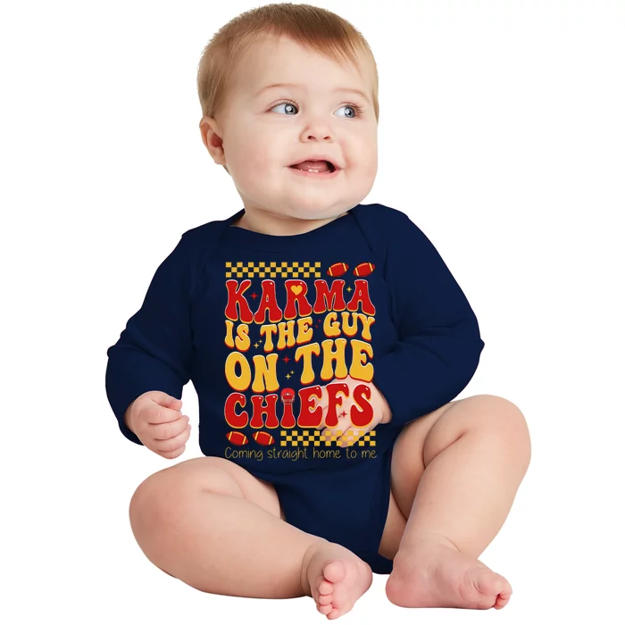 Karma Is The Guy Coming Straight Home To Me Retro Groovy Football Baby Long Sleeve Bodysuit